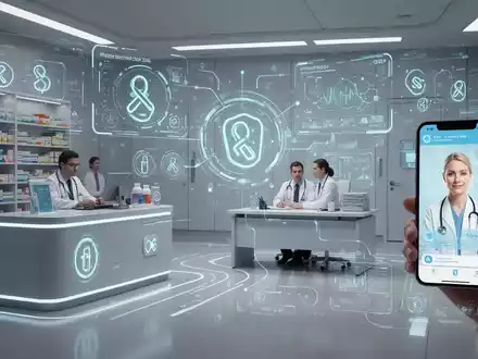 Digitale Schnittstelle mit vernetzten medizinischen Daten, Apotheke, Arztpraxis und Patientengerät. - Foto: über boerse-global.de