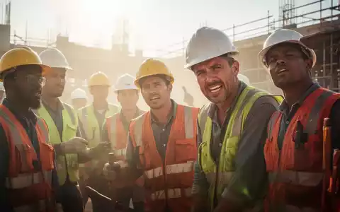 Bauarbeiter in Schutzkleidung auf einer sonnigen Baustelle, die unter der Hitze leiden, symbolisieren die Belastung durch hohe Temperaturen am Arbeitsplatz. - Foto: über boerse-global.de