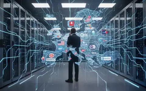 Digitalminister in einem Serverraum betrachtet holografische Europakarte mit US-Tech-Logos, symbolisiert digitale Abhängigkeit. - Foto: über boerse-global.de