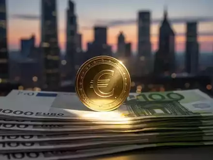 Eine goldene Euro-MĂŒnze auf einem Stapel Hunderteuroscheine vor einem unscharfen Stadtbild bei DĂ€mmerung. - Foto: ĂŒber boerse-global.de