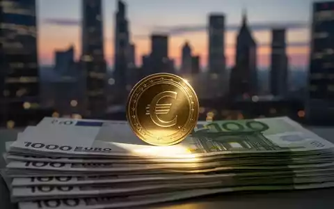 Eine goldene Euro-Münze auf einem Stapel Hunderteuroscheine vor einem unscharfen Stadtbild bei Dämmerung. - Foto: über boerse-global.de
