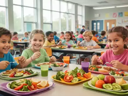 Kinder essen gesunde Mahlzeiten in einer hellen Schulkantine, mit Fokus auf frisches Obst und Gemüse. - Foto: über boerse-global.de