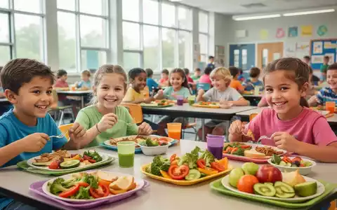 Kinder essen gesunde Mahlzeiten in einer hellen Schulkantine, mit Fokus auf frisches Obst und Gemüse. - Foto: über boerse-global.de