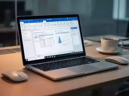 Nahaufnahme eines Laptop-Bildschirms mit Microsoft Word, Tastatur, Maus und Kaffeetasse auf einem modernen Schreibtisch. - Foto: über boerse-global.de
