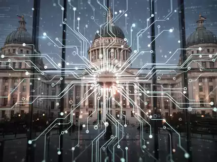 Leuchtendes neuronales Netz oder Leiterplatte mit digitalem Code, symbolisiert KI-gestützte Softwareentwicklung in der öffentlichen Verwaltung. - Foto: über boerse-global.de