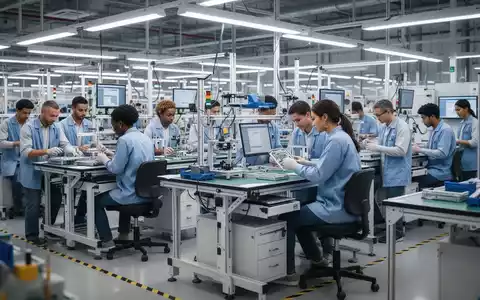 Eine helle, moderne Fabrikhalle mit ergonomischen, höhenverstellbaren Arbeitsplätzen und Mitarbeitern bei der Montage. - Foto: über boerse-global.de