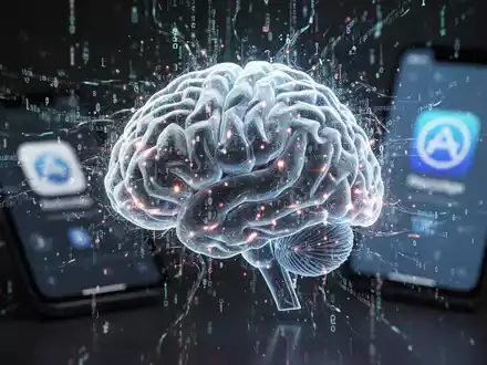 Ein stilisiertes, leuchtendes neuronales Netzwerk mit digitalem Code, der um es herumfließt, und ein unscharfer Smartphone-Bildschirm im Hintergrund. - Foto: über boerse-global.de