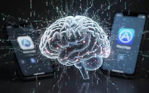 Ein stilisiertes, leuchtendes neuronales Netzwerk mit digitalem Code, der um es herumfließt, und ein unscharfer Smartphone-Bildschirm im Hintergrund. - Foto: über boerse-global.de