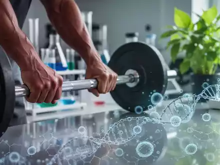 Hände halten eine Hantelstange, mit subtilen Überlagerungen von Zellstrukturen und DNA, die Krafttraining und Zelltherapien symbolisieren. - Foto: über boerse-global.de
