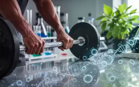 Hände halten eine Hantelstange, mit subtilen Überlagerungen von Zellstrukturen und DNA, die Krafttraining und Zelltherapien symbolisieren. - Foto: über boerse-global.de