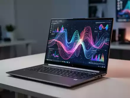 Schlankes, offenes HP ENVY 16-Zoll-Laptop auf minimalistischem Schreibtisch, zeigt lebendige Datenvisualisierungen auf dem Bildschirm. - Foto: über boerse-global.de