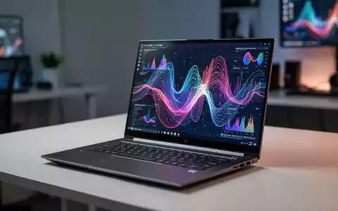 Schlankes, offenes HP ENVY 16-Zoll-Laptop auf minimalistischem Schreibtisch, zeigt lebendige Datenvisualisierungen auf dem Bildschirm. - Foto: über boerse-global.de