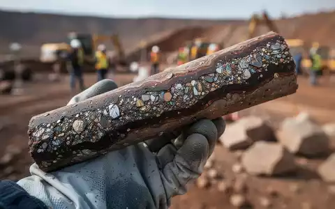Nahaufnahme eines Bohrkerns mit einer deutlich sichtbaren, stark mineralisierten Schicht, gehalten von einer behandschuhten Hand. - Foto: über boerse-global.de