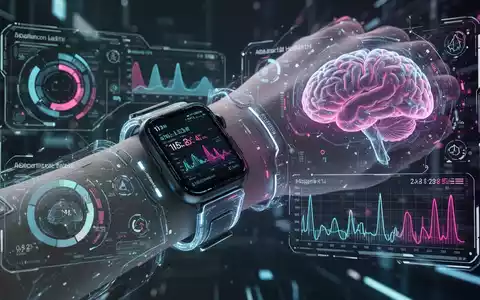 Eine Person trägt ein futuristisches Wearable, das Gesundheitsdaten sammelt, während eine KI-Oberfläche psychische Gesundheitsdaten anzeigt. - Foto: über boerse-global.de