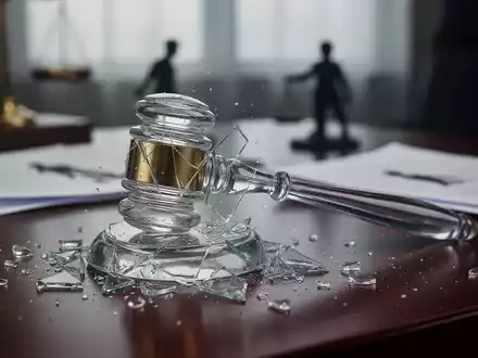 Ein zersplitterter gläserner Richterhammer auf einem dunklen Holztisch, umgeben von unscharfen Dokumenten, symbolisiert zerbrochenes Vertrauen und rechtliche Konsequenzen. - Foto: über boerse-global.de