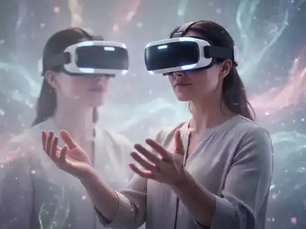 Eine Person mit VR-Headset interagiert in einer ruhigen, abstrakten virtuellen Kunstumgebung, die Entspannung und Therapie symbolisiert. - Foto: über boerse-global.de