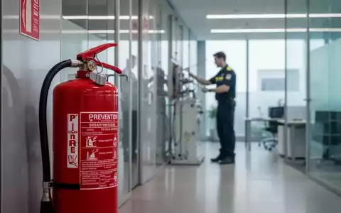Ein Feuerlöscher in einem modernen Bürogebäude, im Hintergrund eine unscharfe Person, die Geräte inspiziert. - Foto: über boerse-global.de