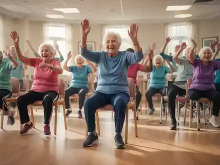 Senioren nehmen an einem fröhlichen Chair Zumba Kurs in einem hellen Gemeinschaftsraum teil, sitzen auf Stühlen und bewegen sich. - Foto: über boerse-global.de