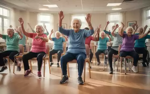 Senioren nehmen an einem fröhlichen Chair Zumba Kurs in einem hellen Gemeinschaftsraum teil, sitzen auf Stühlen und bewegen sich. - Foto: über boerse-global.de