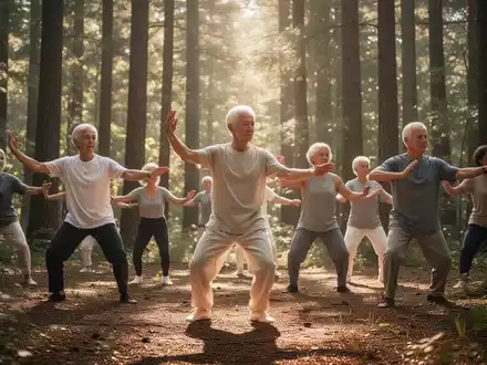 Eine Gruppe von Menschen praktiziert Qigong oder Tai Chi in einem sonnigen Wald, umgeben von Bäumen und sanftem Licht. - Foto: über boerse-global.de