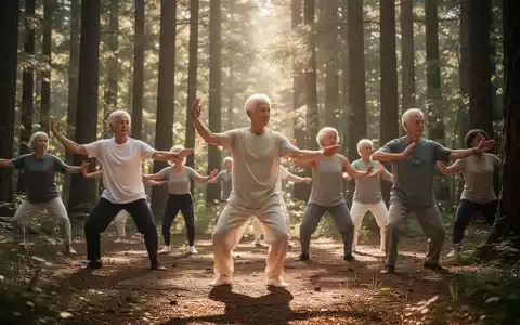 Eine Gruppe von Menschen praktiziert Qigong oder Tai Chi in einem sonnigen Wald, umgeben von Bäumen und sanftem Licht. - Foto: über boerse-global.de
