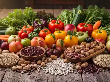 Eine bunte und vielfältige Anordnung von frischem Gemüse, Obst, Hülsenfrüchten, Nüssen und Getreide auf einem Holztisch. - Foto: über boerse-global.de