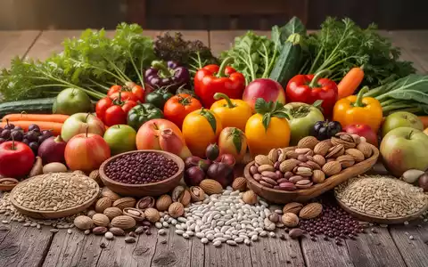 Eine bunte und vielfĂ€ltige Anordnung von frischem GemĂŒse, Obst, HĂŒlsenfrĂŒchten, NĂŒssen und Getreide auf einem Holztisch. - Foto: ĂŒber boerse-global.de