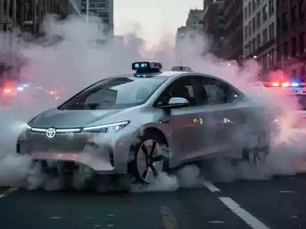 Ein schlankes, futuristisches Robotaxi, teilweise verdeckt von dichtem Rauch auf einer Stadtstraße, mit schwachen Einsatzlichtern im Hintergrund. - Foto: über boerse-global.de