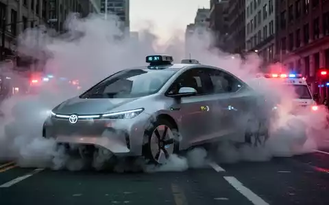Ein schlankes, futuristisches Robotaxi, teilweise verdeckt von dichtem Rauch auf einer Stadtstraße, mit schwachen Einsatzlichtern im Hintergrund. - Foto: über boerse-global.de