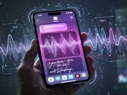 Eine Hand hält ein Smartphone mit einer iMessage-Unterhaltung, generativen Musikwellen und digitalen Handschriftwerkzeugen. - Foto: über boerse-global.de