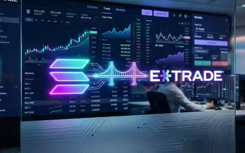 Solana-Logo und E*TRADE-Branding, die eine Verbindung symbolisieren, mit Finanzcharts im Hintergrund. - Foto: über boerse-global.de