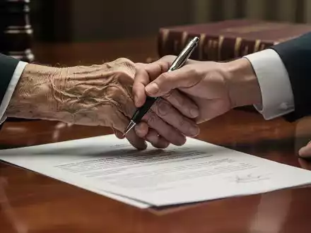 Nahaufnahme von zwei Händen, eine ältere Hand hält eine jüngere Hand mit einem Stift, die ein juristisches Dokument unterschreibt. - Foto: über boerse-global.de