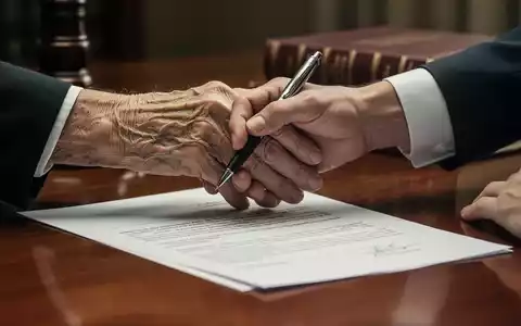 Nahaufnahme von zwei Händen, eine ältere Hand hält eine jüngere Hand mit einem Stift, die ein juristisches Dokument unterschreibt. - Foto: über boerse-global.de
