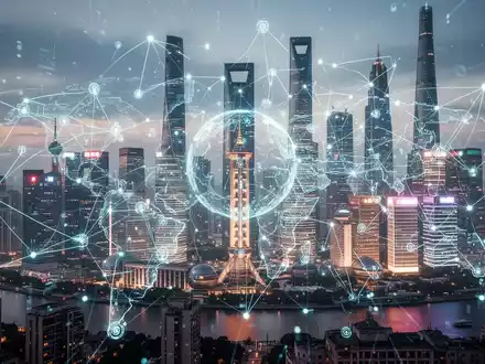 Futuristische Skyline von Shanghai mit digitalen Netzwerken über Wolkenkratzern, die globale KI-Governance und Zusammenarbeit symbolisieren. - Foto: über boerse-global.de