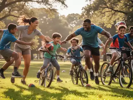 Eine Familie spielt gemeinsam Tag Rugby in einem sonnigen Park, symbolisiert gemeinsame Bewegung und Familiengesundheit. - Foto: über boerse-global.de