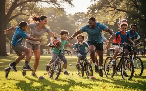 Eine Familie spielt gemeinsam Tag Rugby in einem sonnigen Park, symbolisiert gemeinsame Bewegung und Familiengesundheit. - Foto: über boerse-global.de