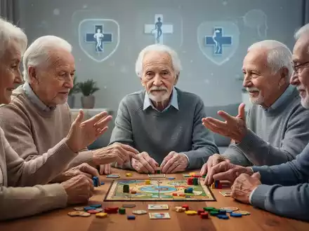 Ältere Menschen sind in einer Gruppe engagiert und spielen ein Brettspiel, mit dezenten medizinischen Symbolen im Hintergrund. - Foto: über boerse-global.de