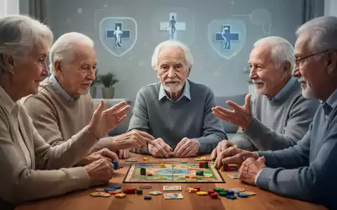 Ältere Menschen sind in einer Gruppe engagiert und spielen ein Brettspiel, mit dezenten medizinischen Symbolen im Hintergrund. - Foto: über boerse-global.de
