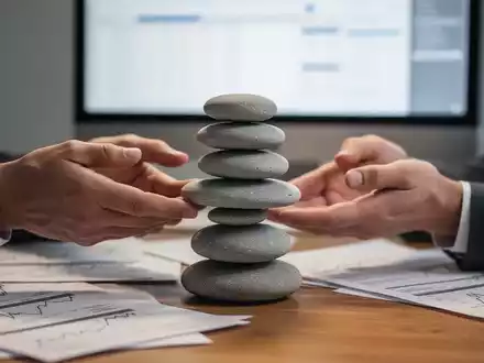 Hände balancieren perfekt gestapelte Steine auf einem Schreibtisch, mit unscharfen Dokumenten und Monitor im Hintergrund. Symbolisiert Balance und Stressabbau. - Foto: über boerse-global.de