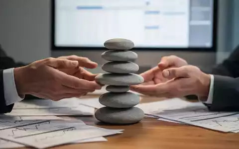 Hände balancieren perfekt gestapelte Steine auf einem Schreibtisch, mit unscharfen Dokumenten und Monitor im Hintergrund. Symbolisiert Balance und Stressabbau. - Foto: über boerse-global.de