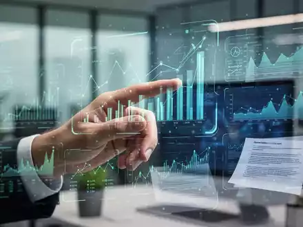 Eine Hand interagiert mit einer holografischen Benutzeroberfläche, die digitale Finanzdaten und E-Rechnungen anzeigt, im Hintergrund ein modernes Büro. - Foto: über boerse-global.de