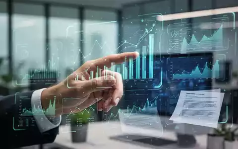 Eine Hand interagiert mit einer holografischen Benutzeroberfläche, die digitale Finanzdaten und E-Rechnungen anzeigt, im Hintergrund ein modernes Büro. - Foto: über boerse-global.de