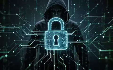 Ein stilisiertes digitales Vorhängeschloss über einem Netzwerk aus leuchtenden Datenlinien, das Cybersicherheit und Bedrohungen darstellt. - Foto: über boerse-global.de