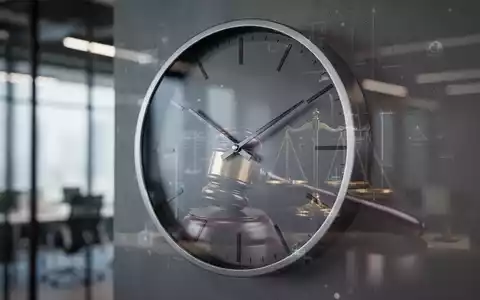 Eine Nahaufnahme einer modernen Wanduhr mit unscharfen Zeigern, überlagert von einem stilisierten richterlichen Hammer oder einer Waage. - Foto: über boerse-global.de