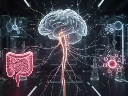 Eine stilisierte Darstellung des Gehirnstamms und des Vagusnervs mit leuchtenden neuronalen Verbindungen zu Darm und Immunsystem. - Foto: über boerse-global.de