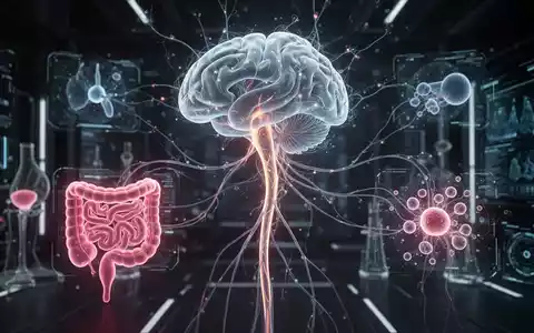 Eine stilisierte Darstellung des Gehirnstamms und des Vagusnervs mit leuchtenden neuronalen Verbindungen zu Darm und Immunsystem. - Foto: über boerse-global.de