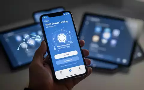 Eine Hand hält ein Smartphone mit dem Geräteverknüpfungsbildschirm der Signal-App, im Hintergrund ein weiteres unscharfes Gerät. - Foto: über boerse-global.de