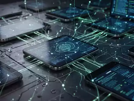 Abstraktes Bild mit vernetzten digitalen Geräten und Datenströmen, symbolisiert Systemupdates und KI-Integration in Android. - Foto: über boerse-global.de