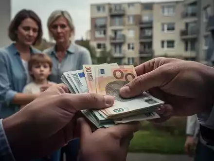 Hände zählen Euro-Banknoten, im unscharfen Hintergrund eine Familie und ein Wohnhaus, symbolisiert Kürzungen bei Sozialleistungen. - Foto: über boerse-global.de