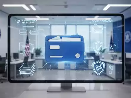 Symbol einer digitalen IdentitĂ€tsbrieftasche auf einem Bildschirm mit Grafiken zu BĂŒrokratieabbau und Jugendschutz in einem modernen BĂŒro. - Foto: ĂŒber boerse-global.de